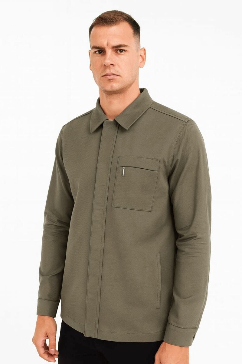 Erkek Gömlek Yaka Mont Fermuarlı Yandan Cepli Rahat Kesim Modern Şık Günlük Mont HAKİ