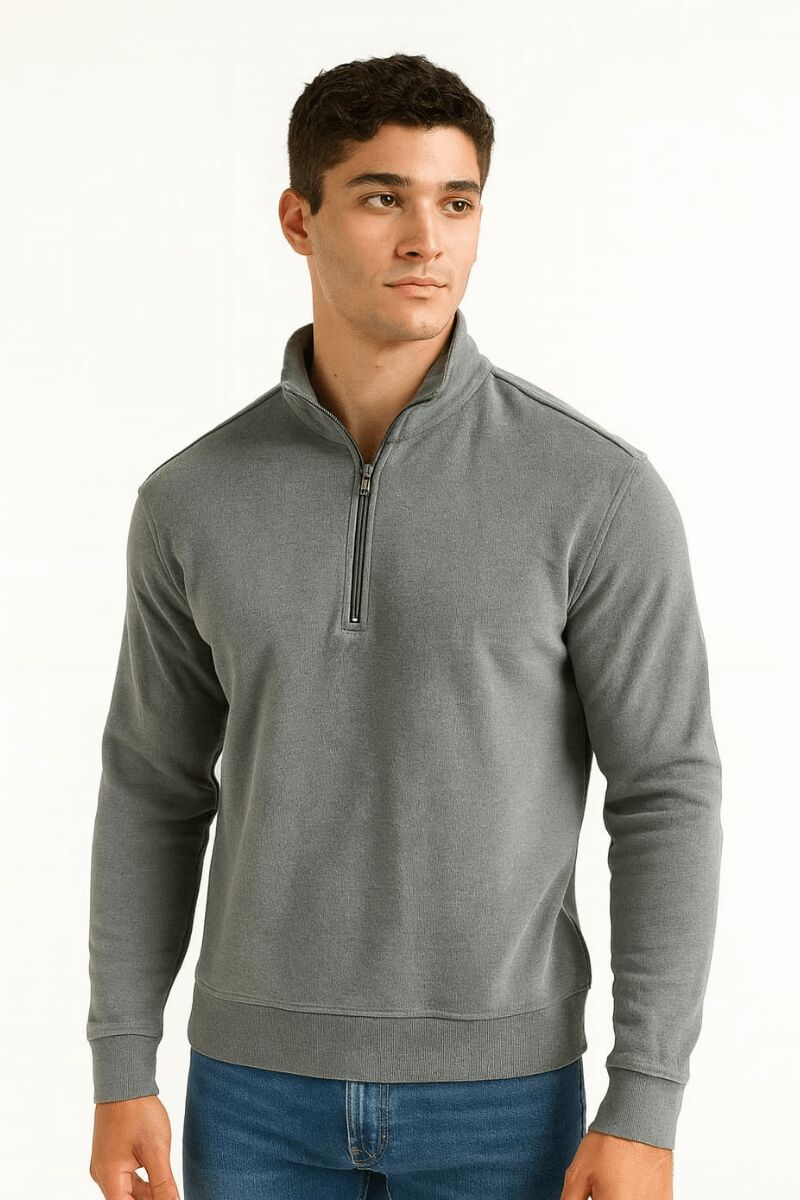 Dik Yaka Erkek Sweatshirt Selanik Örgü Pamuk Karışımlı Fermuarlı Regular Fit Rahat Şık Günlük Sweat FÜME