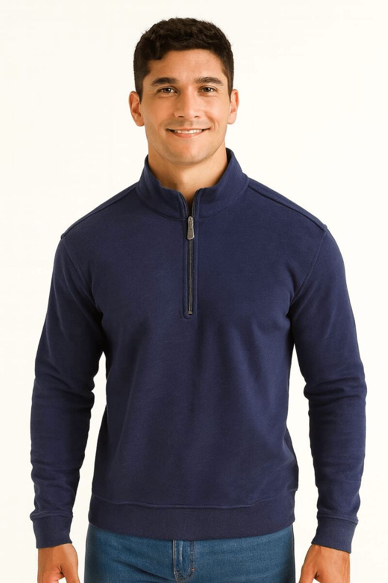 Dik Yaka Erkek Sweatshirt Selanik Örgü Pamuk Karışımlı Fermuarlı Regular Fit Rahat Şık Günlük Sweat İNDİGO