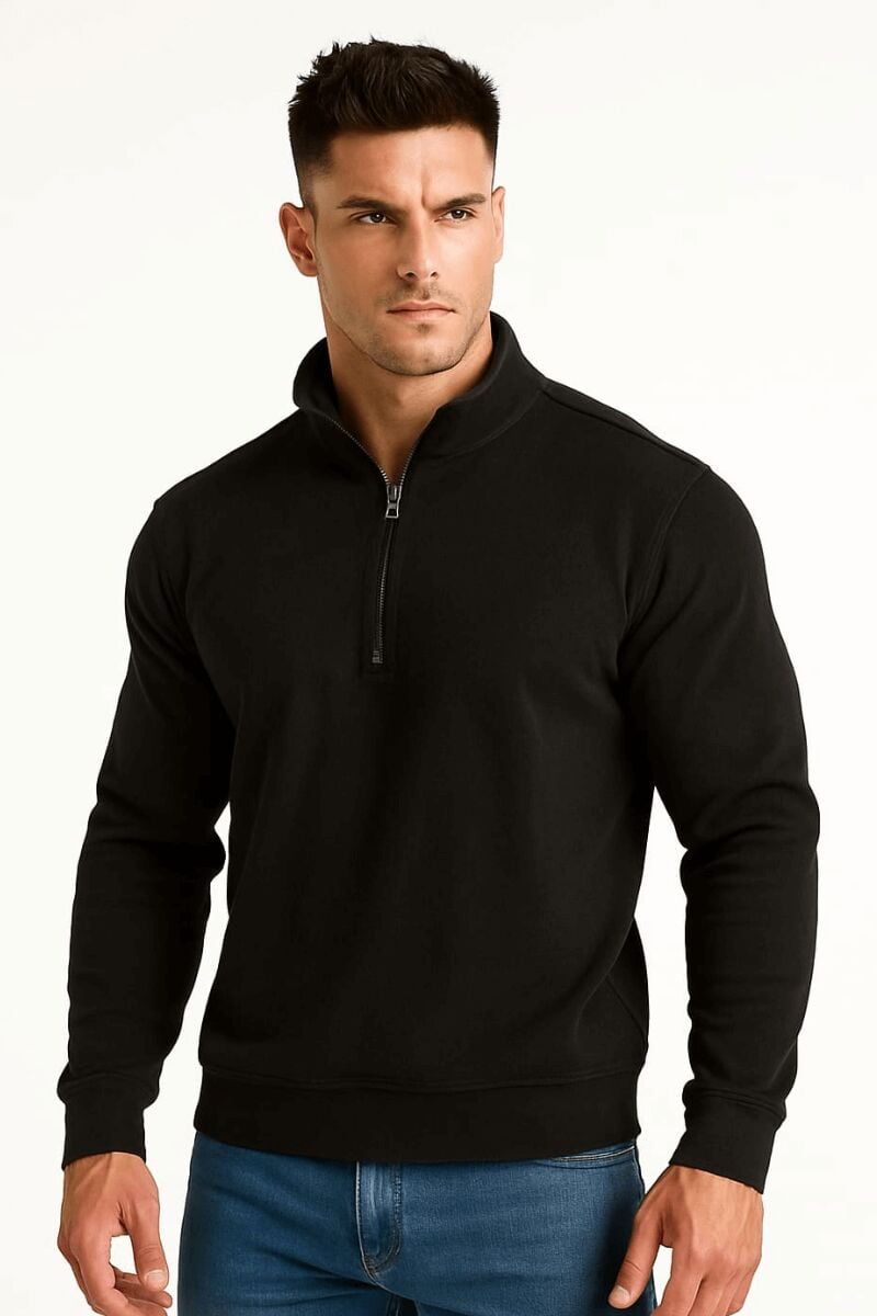 Dik Yaka Erkek Sweatshirt Selanik Örgü Pamuk Karışımlı Fermuarlı Regular Fit Rahat Şık Günlük Sweat SİYAH