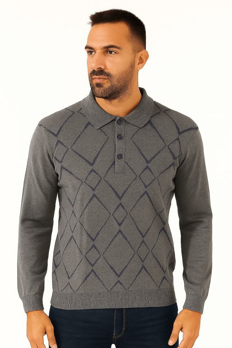 Erkek Triko Kazak Uzun Kollu Viskon Karışımlı Üçgen Baskılı Sıcak Tutan Rahat Şık Günlük Kazak 412 ANTRASİT