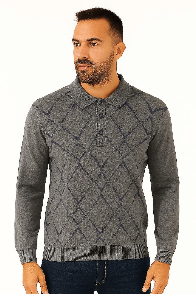 Uzun Kollu Viscon Karışımlı Üçgen Baskılı Sıcak Kumaşlı Erkek Triko Kazak 412