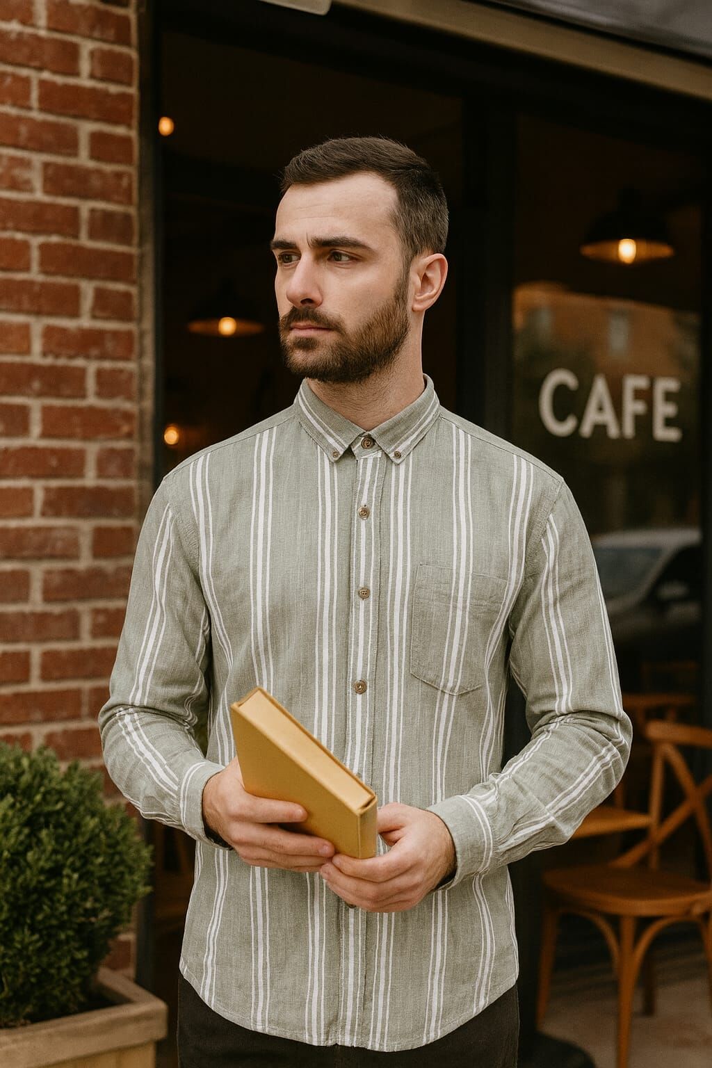 96139 Erkek Gömlek – Yumuşak Pamuk Kumaş – Uzun Kollu Çizgi Detaylı – Günlük ve Ofis Kullanımı İçin – Şık ve Rahat Tasarım HAKİ