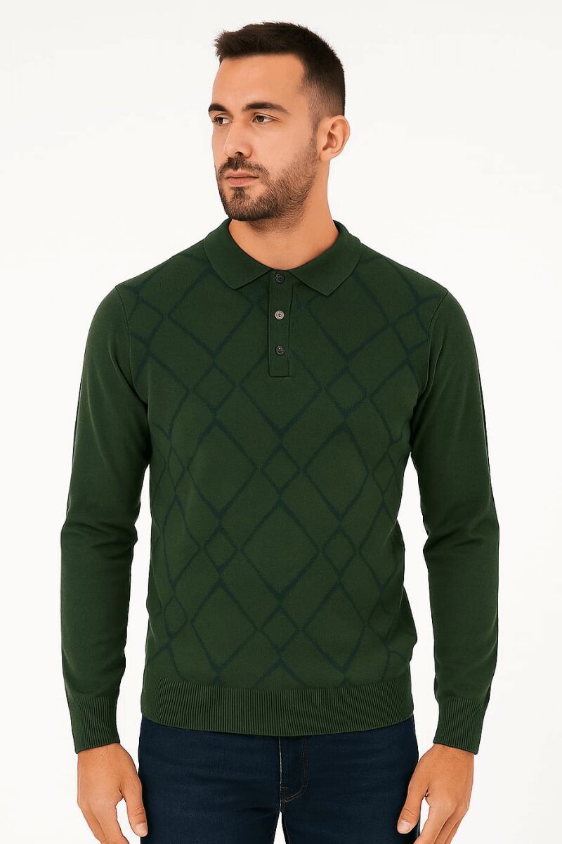 Erkek Triko Kazak Uzun Kollu Viskon Karışımlı Üçgen Baskılı Sıcak Tutan Rahat Şık Günlük Kazak 412 HAKİ