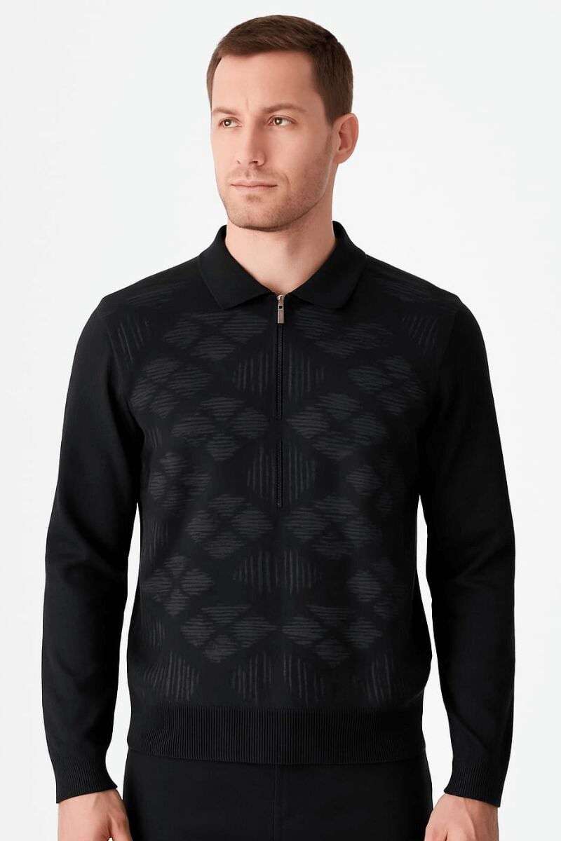 Erkek Triko Kazak Uzun Kollu Viskon Karışımlı Üçgen Baskılı Sıcak Tutan Rahat Şık Günlük Kazak 412 SİYAH