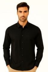 Uzun Kollu Klasik Yakalı Düğmeli Pamuklu Düz Erkek Gömlek SİYAH