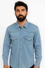 Erkek Mavi Kot Gömlek Uzun Kollu Pamuklu Çift Cep Kapaklı Regular Fit Kışlık Şık Denim Gömlek 96149 MAVİ
