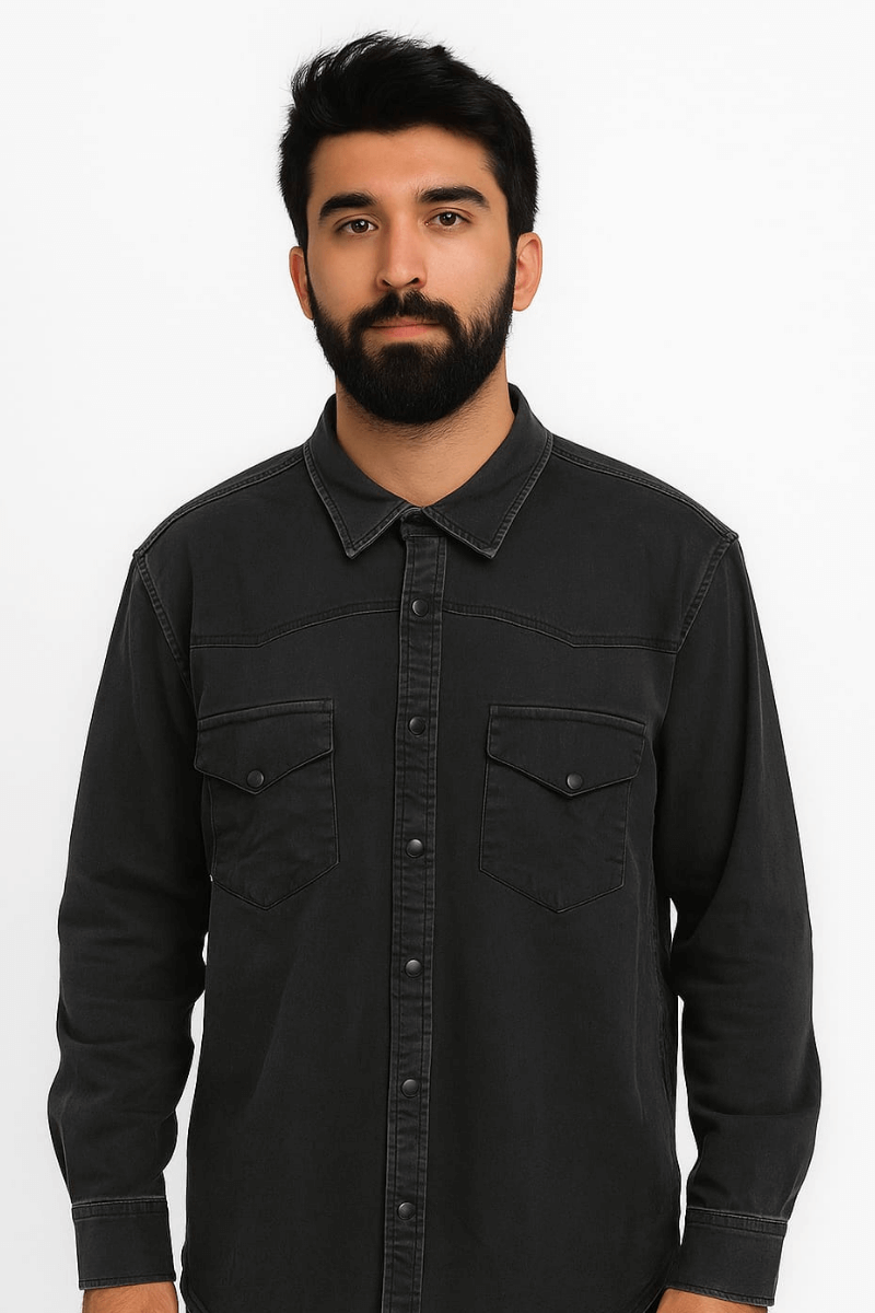 Uzun Kollu Pamuklu Çift Cep Kapaklı Regular Kesim Erkek Denim Gömlek 96149 ANTRASİT ANTRASİT - S