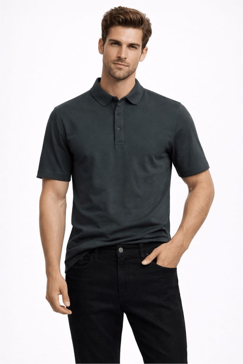 Ayaklı  Yaka Yarım Fermuar Kapamalı Rahat Esnek Kumaş Kısa Kollu Erkek Tshirt 95308 SİYAH