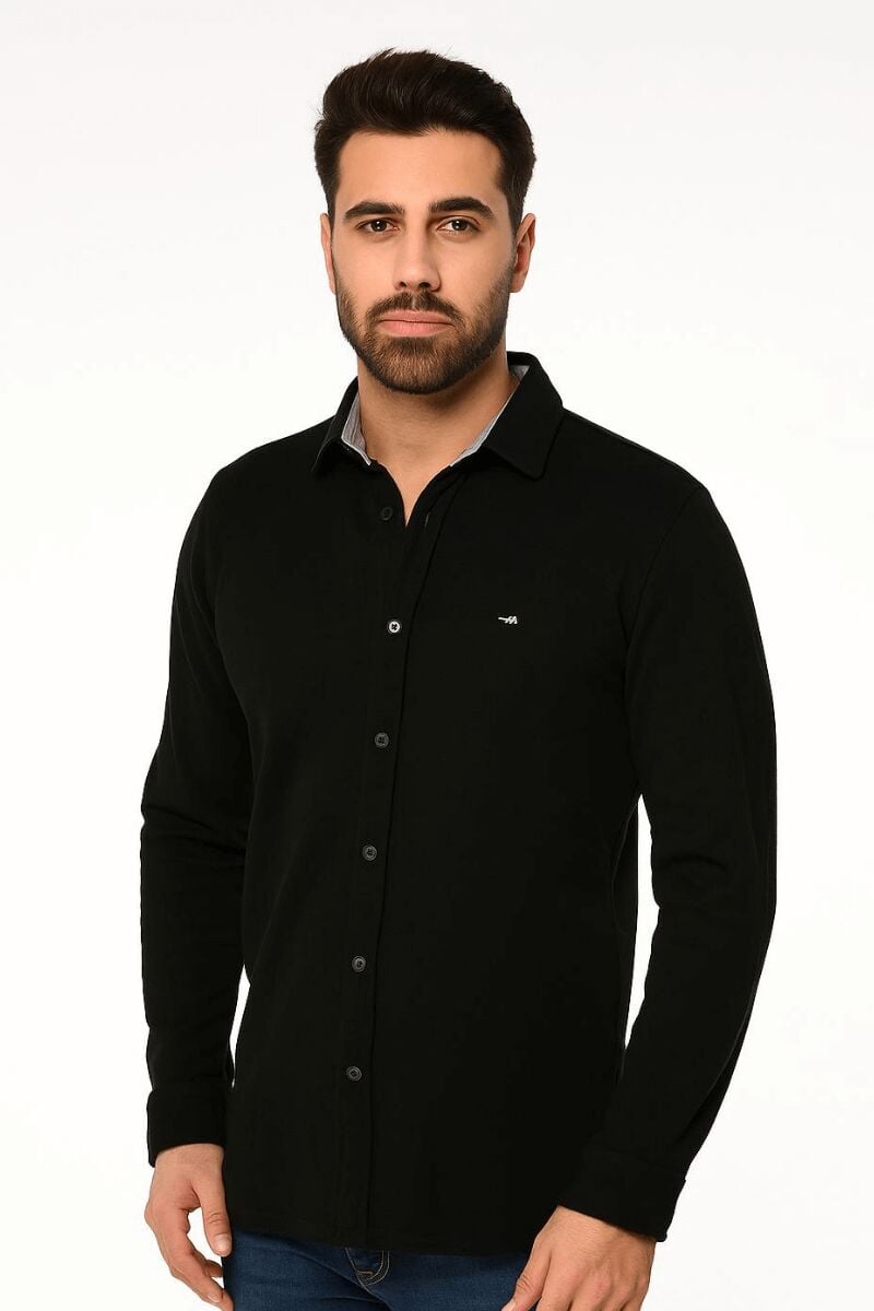 Erkek Klasik Yaka Gömlek Uzun Kollu Kalın Kumaş Düğmeli Rahat Şık Günlük Basic Gömlek SİYAH