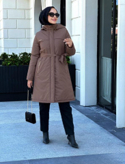 Şapkalı Şişme Mont Uzun Yandan Cepli Kuşak Bağlamalı 7623