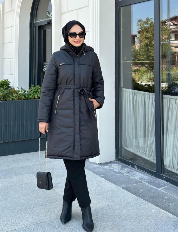 Şapkalı Şişme Mont Uzun Yandan Cepli Kuşak Bağlamalı 7623