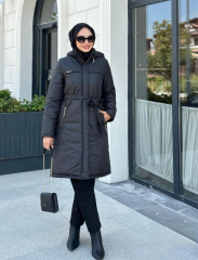 Şapkalı Şişme Mont Uzun Yandan Cepli Kuşak Bağlamalı 7623