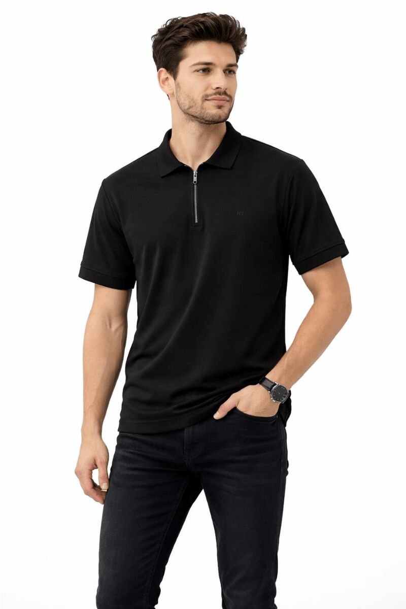 Oysho Regular Fit Polo Yaka Yarım Fermuarlı Kısa Kollu  T-shirt 95314 SİYAH