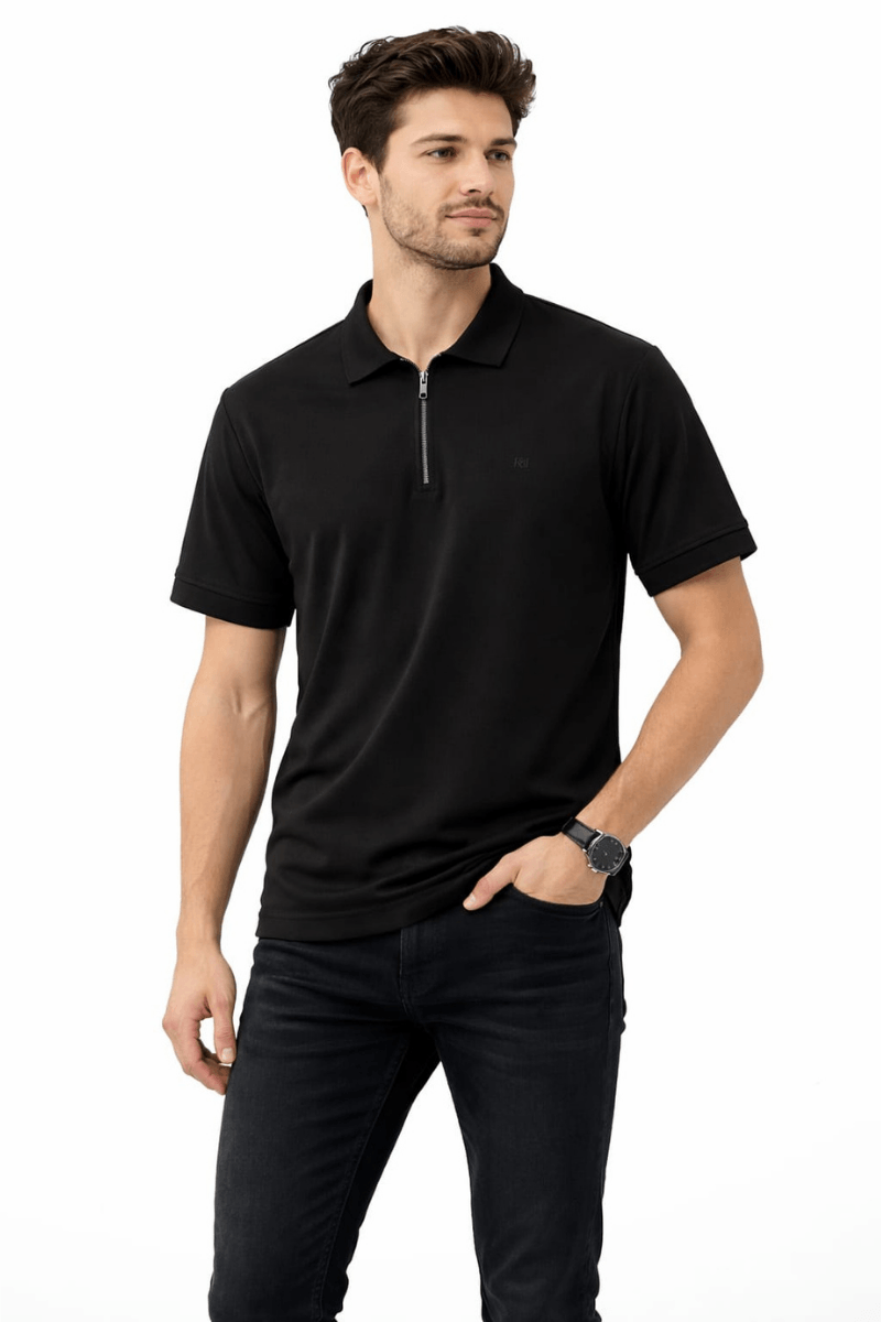 Oysho Regular Fit Polo Yaka Yarım Fermuarlı Kısa Kollu  Tişört 95314 SİYAH