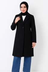 Uzun Kollu Düğmeli Yandan Cepli Kruvaze Uzun Kaşe Kaban Bayan