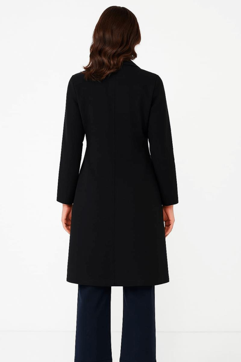 Uzun Kollu Düğmeli Yandan Cepli Kruvaze Uzun Kaşe Kaban Bayan