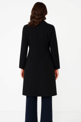 Uzun Kollu Düğmeli Yandan Cepli Kruvaze Uzun Kaşe Kaban Bayan