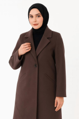 Uzun Kollu Düğmeli Yandan Cepli Kruvaze Uzun Kaşe Kaban Bayan