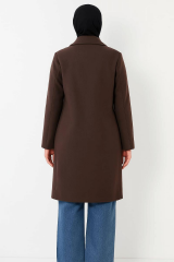 Uzun Kollu Düğmeli Yandan Cepli Kruvaze Uzun Kaşe Kaban Bayan