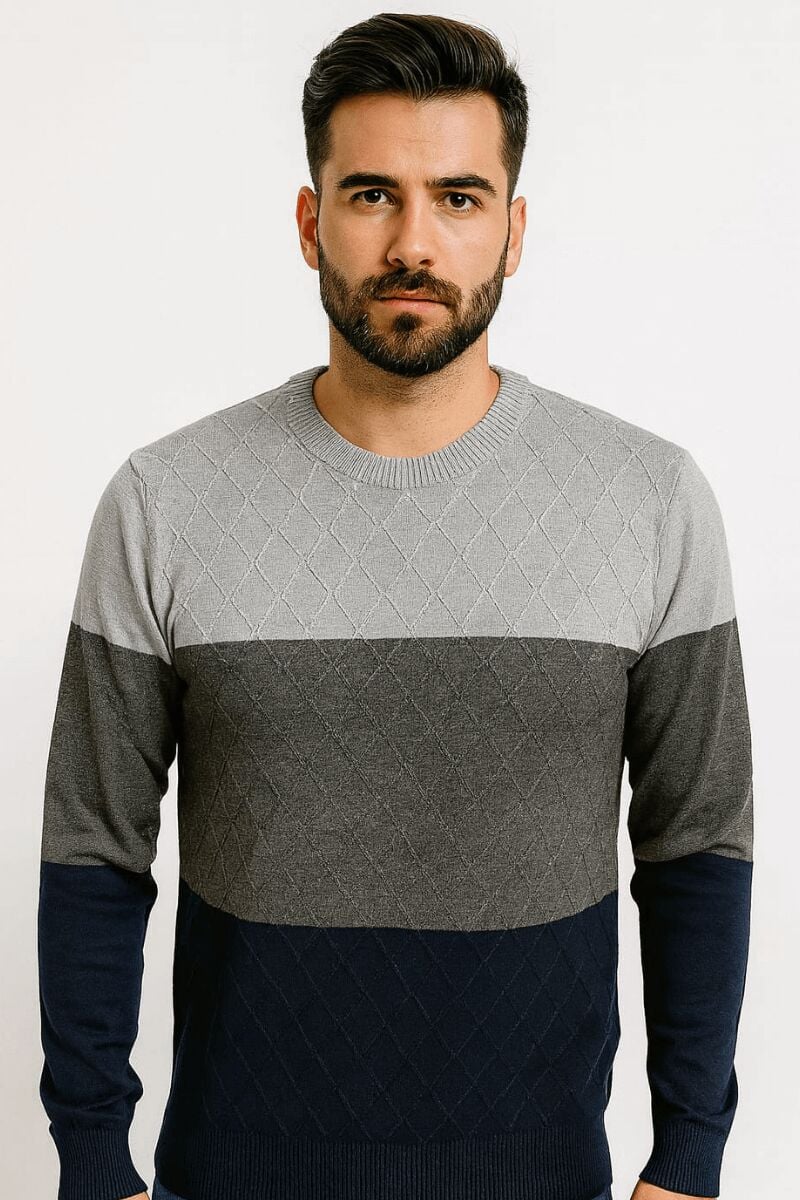 Erkek Bisiklet Yaka Triko Kazak Pamuk Karışımlı Yatay Desenli Regular Fit Günlük Şık Kazak 93101 VİZON