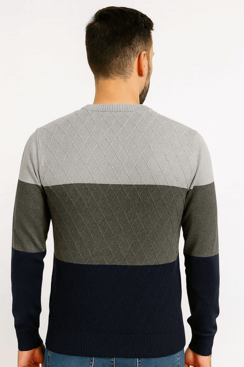 Erkek Bisiklet Yaka Triko Kazak Pamuk Karışımlı Yatay Desenli Regular Fit Günlük Şık Kazak 93101 VİZON