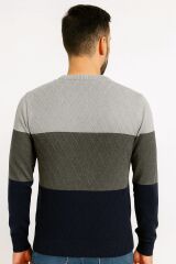 Erkek Bisiklet Yaka Triko Kazak Pamuk Karışımlı Yatay Desenli Regular Fit Günlük Şık Kazak 93101 VİZON