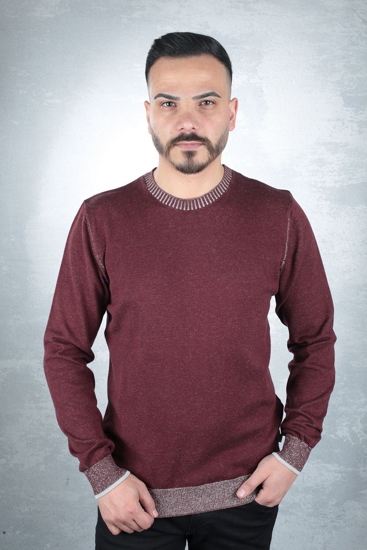 Uzun Kollu Bisiklet Yakalı Pamuk Karışımlı Yaka Çizgi Detaylı Rahat Erkek Kazak  93103 BORDO