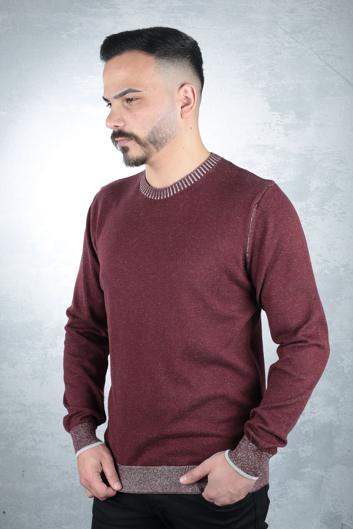 Uzun Kollu Bisiklet Yakalı Pamuk Karışımlı Yaka Çizgi Detaylı Rahat Erkek Kazak  93103 BORDO