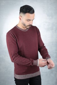 Uzun Kollu Bisiklet Yakalı Pamuk Karışımlı Yaka Çizgi Detaylı Rahat Erkek Kazak  93103 BORDO BORDO - L