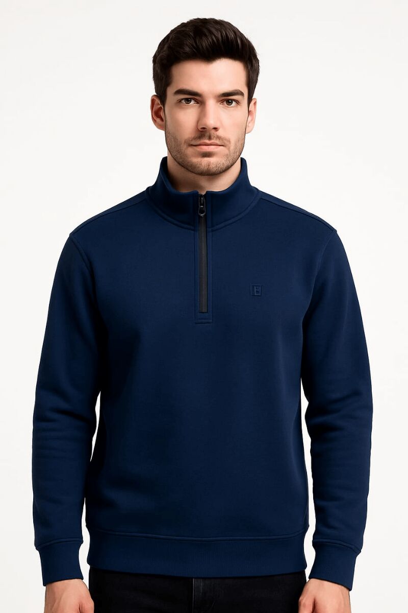 Uzun Kollu  Yarım Fermuarlı Dik Yakalı Pamuk Karışımlı Rahat Erkek Sweashirt 763 LACİVERT
