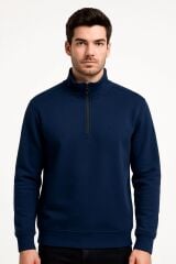 Uzun Kollu  Yarım Fermuarlı Dik Yakalı Pamuk Karışımlı Rahat Erkek Sweashirt 763 LACİVERT