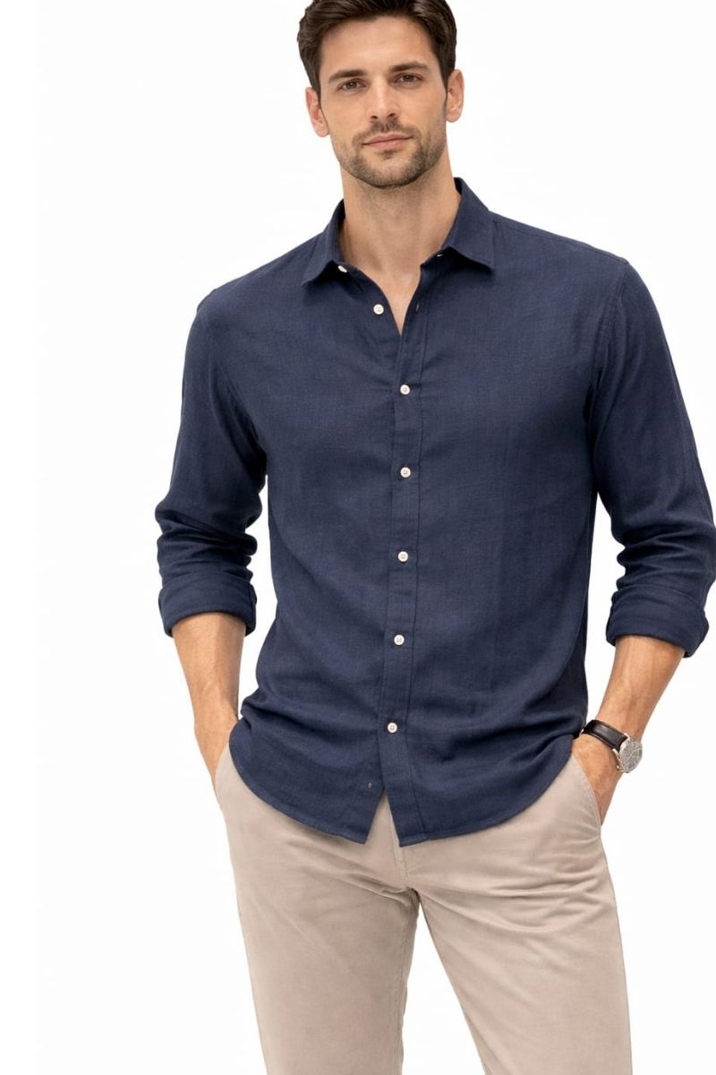 % 100 Pamuklu Erkek Keten Gömlek LACİVERT LACİVERT - M