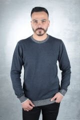 Uzun Kollu Bisiklet Yakalı Pamuk Karışımlı Yaka Çizgi Detaylı Rahat Erkek Kazak  93103 LACİVERT