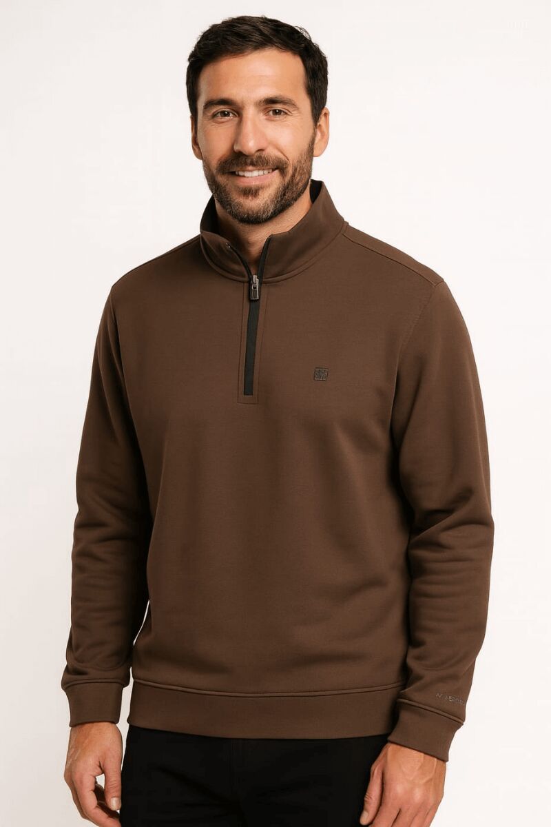 Uzun Kollu  Yarım Fermuarlı Dik Yakalı Pamuk Karışımlı Rahat Erkek Sweashirt 763 KAHVERENGİ