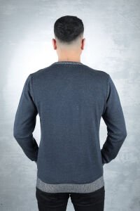 Uzun Kollu Bisiklet Yakalı Pamuk Karışımlı Yaka Çizgi Detaylı Rahat Erkek Kazak  93103 LACİVERT LACİVERT - L