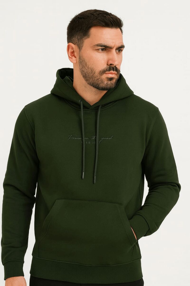 Ön Yazı Baskılı Uzun Kollu Pamuk Karışımlı Kanguru Cepli  Kapşon 762 HAKİ