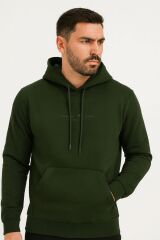 Ön Yazı Baskılı Uzun Kollu Pamuk Karışımlı Kanguru Cepli  Kapşon 762 HAKİ