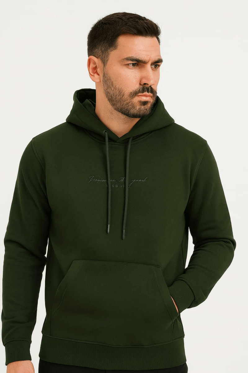 Ön Yazı Baskılı Uzun Kollu Pamuk Karışımlı Kanguru Cepli  Kapşonlu Erkek Sweatshirt 762 HAKİ HAKİ - L