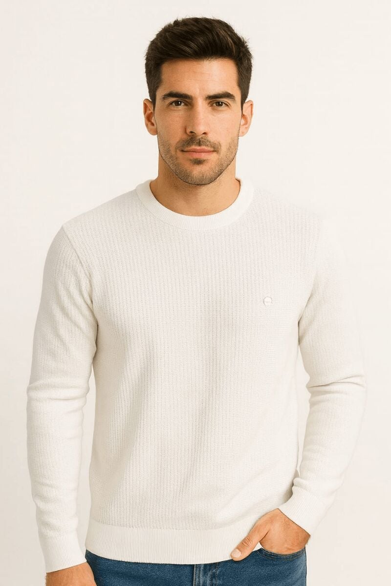 Erkek Triko Kazak Uzun Kollu Bisiklet Yaka – Desenli Viskon & Akrilik Rahat ve Şık Kazak BEYAZ