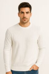 Erkek Triko Kazak Uzun Kollu Bisiklet Yaka – Desenli Viskon & Akrilik Rahat ve Şık Kazak BEYAZ