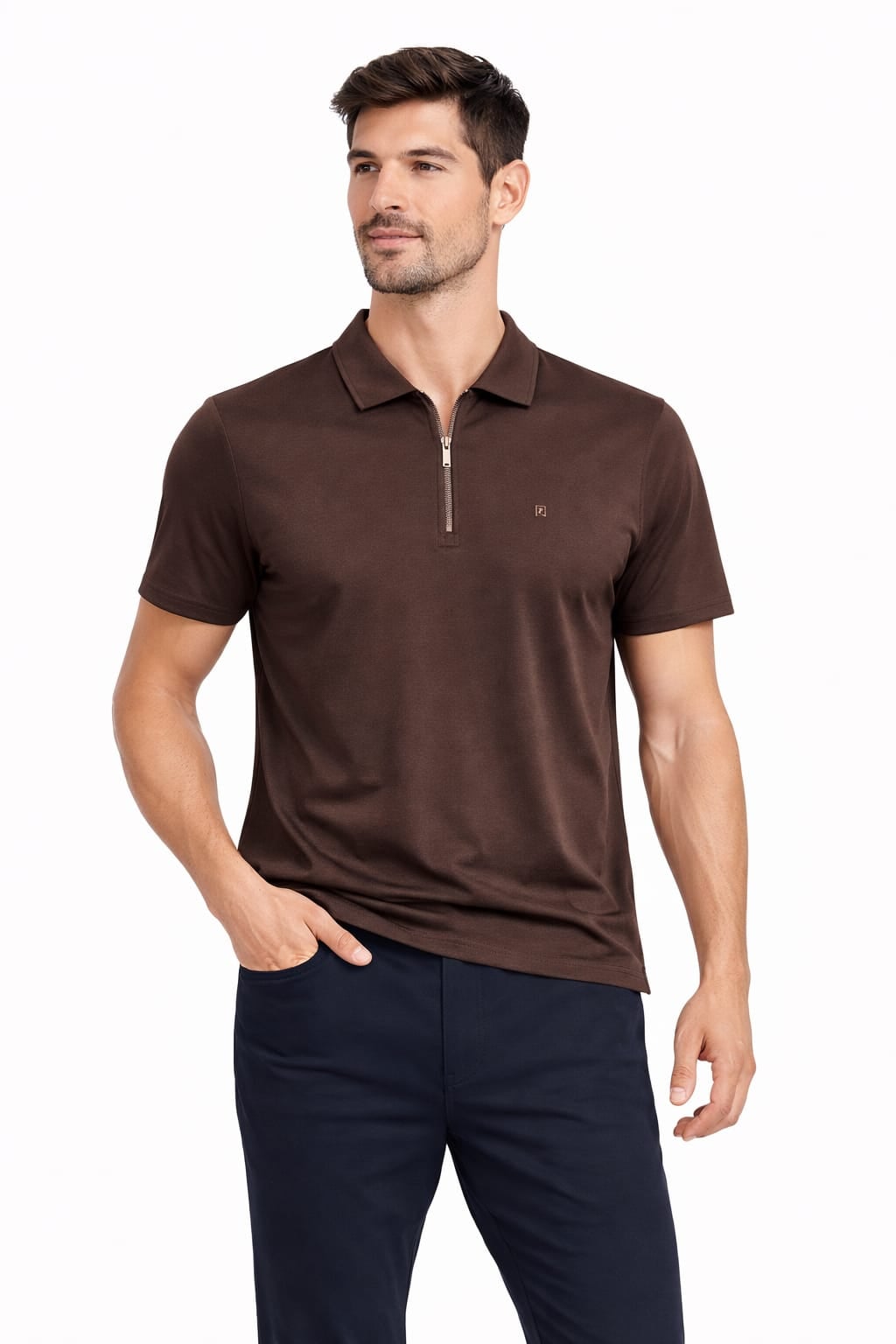 Oysho Regular Fit Polo Yaka Yarım Fermuarlı Kısa Kollu  Tişört 95314 KAHVERENGİ