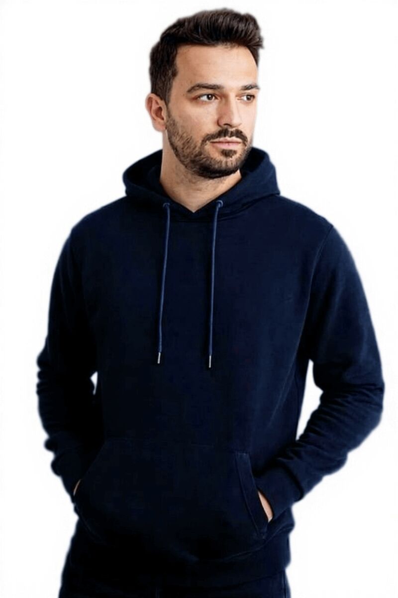 Ön Yazı Baskılı Uzun Kollu Pamuk Karışımlı Kanguru Cepli  Kapşon 762 LACİVERT