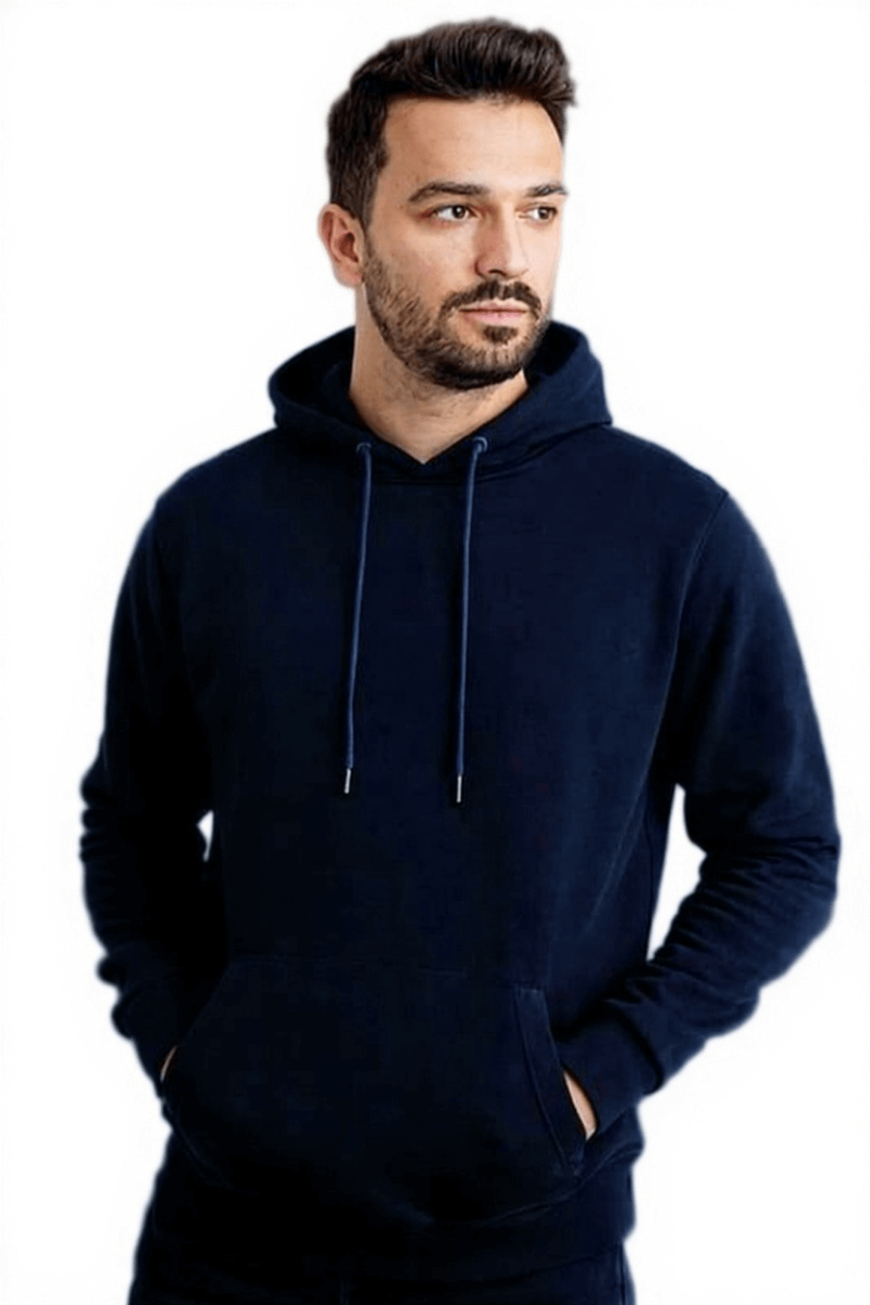 Ön Yazı Baskılı Uzun Kollu Pamuk Karışımlı Kanguru Cepli  Kapşonlu Erkek Sweatshirt 762 LACİVERT LACİVERT - M