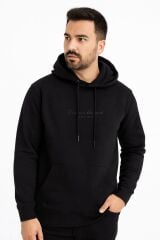 Ön Yazı Baskılı Uzun Kollu Pamuk Karışımlı Kanguru Cepli  Kapşon 762 SİYAH