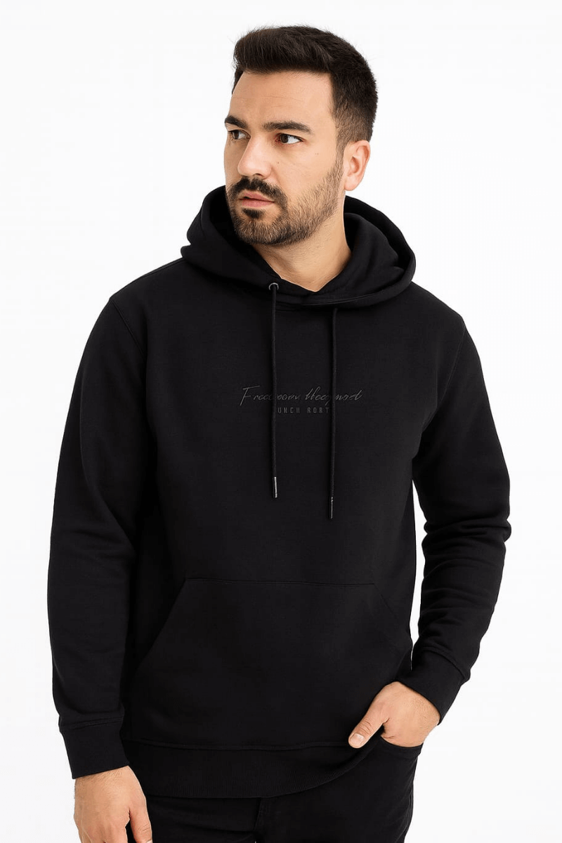 Ön Yazı Baskılı Uzun Kollu Pamuk Karışımlı Kanguru Cepli  Kapşonlu Erkek Sweatshirt 762 SİYAH SİYAH - XXL