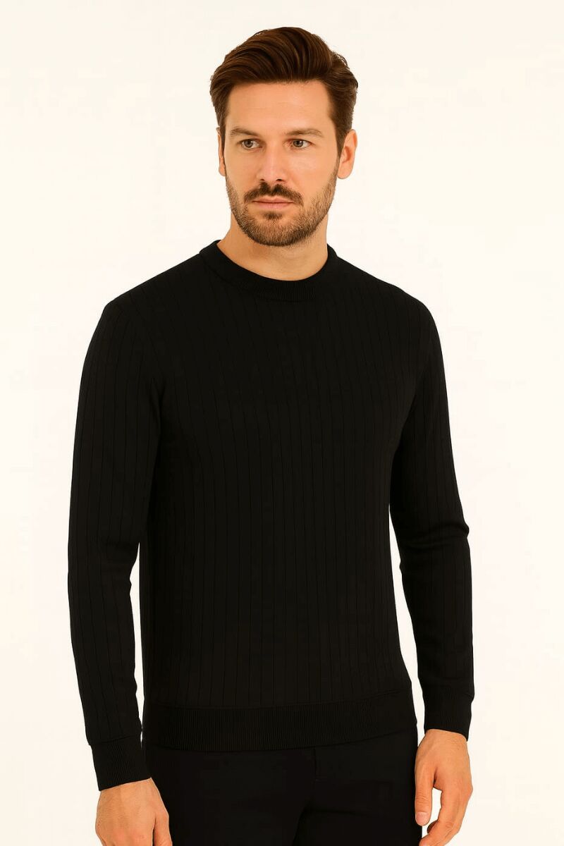 Erkek Siyah Sweatshirt Bisiklet Yaka Uzun Kollu Çizgi Detaylı Pamuklu Regular Fit Sıcak Tutan Şık Günlük Sweat 736 SİYAH