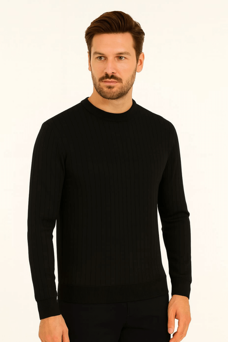 Bisiklet Yaka Uzun Kollu Çizgi Detaylı Pamuklu Regular Kesim Erkek  Sweatshirt 736 SİYAH SİYAH - L
