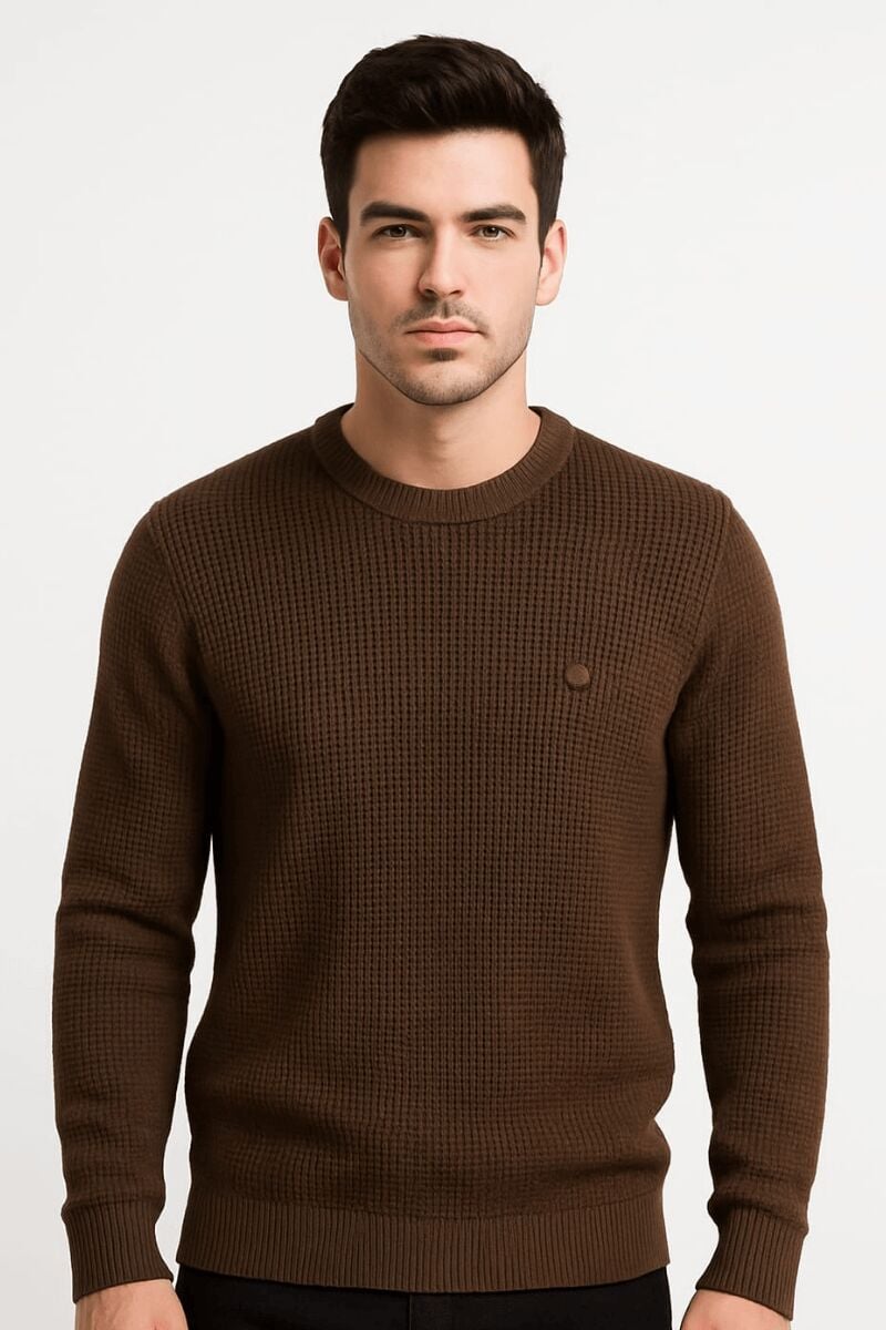 Erkek Triko Kazak Uzun Kollu Bisiklet Yaka – Desenli Viskon & Akrilik Rahat ve Şık Kazak KAHVERENGİ