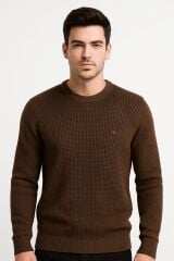 Erkek Triko Kazak Uzun Kollu Bisiklet Yaka – Desenli Viskon & Akrilik Rahat ve Şık Kazak KAHVERENGİ